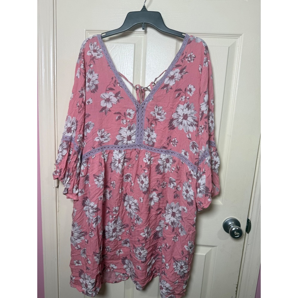 Oddi Pink Floral Crochet Lace Trim Bell Sleeve V-Neck Mini Dress 2XL